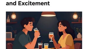 Современная иллюстрация гастро-казино с элементами роскошного ресторана и игровыми атрибутами в футуристическом стиле